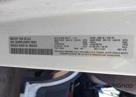 2024 Ram Promaster 3500 Cargo Van Slt High Roof 159 Wb Ext из США, поврежденный, VIN 3C6MRVJG8RE116591